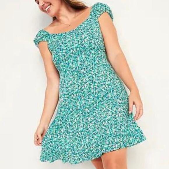 Old Navy Fit & Flare Blue Green Puff Sleeve Dress Size M - Picture 1 of 9